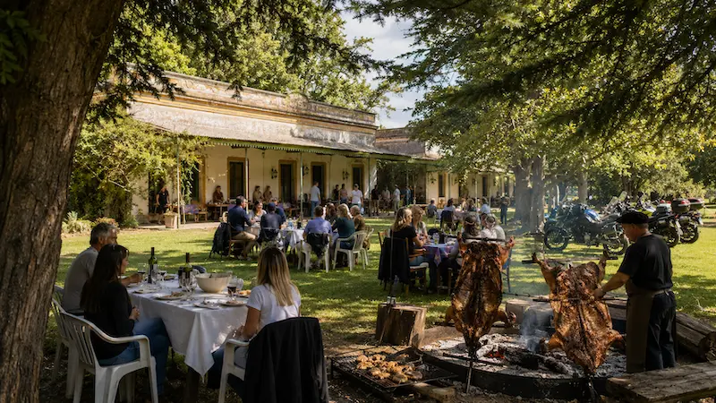 Grupo almorzando bajo los árboles en El Carmen de Rojas